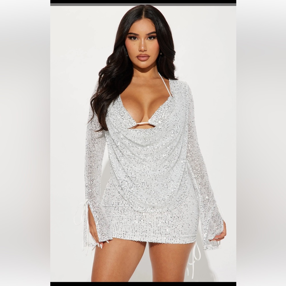 Fashion Nova Miami Glamour Life Sequin Mini Dress Set - Silver NWT